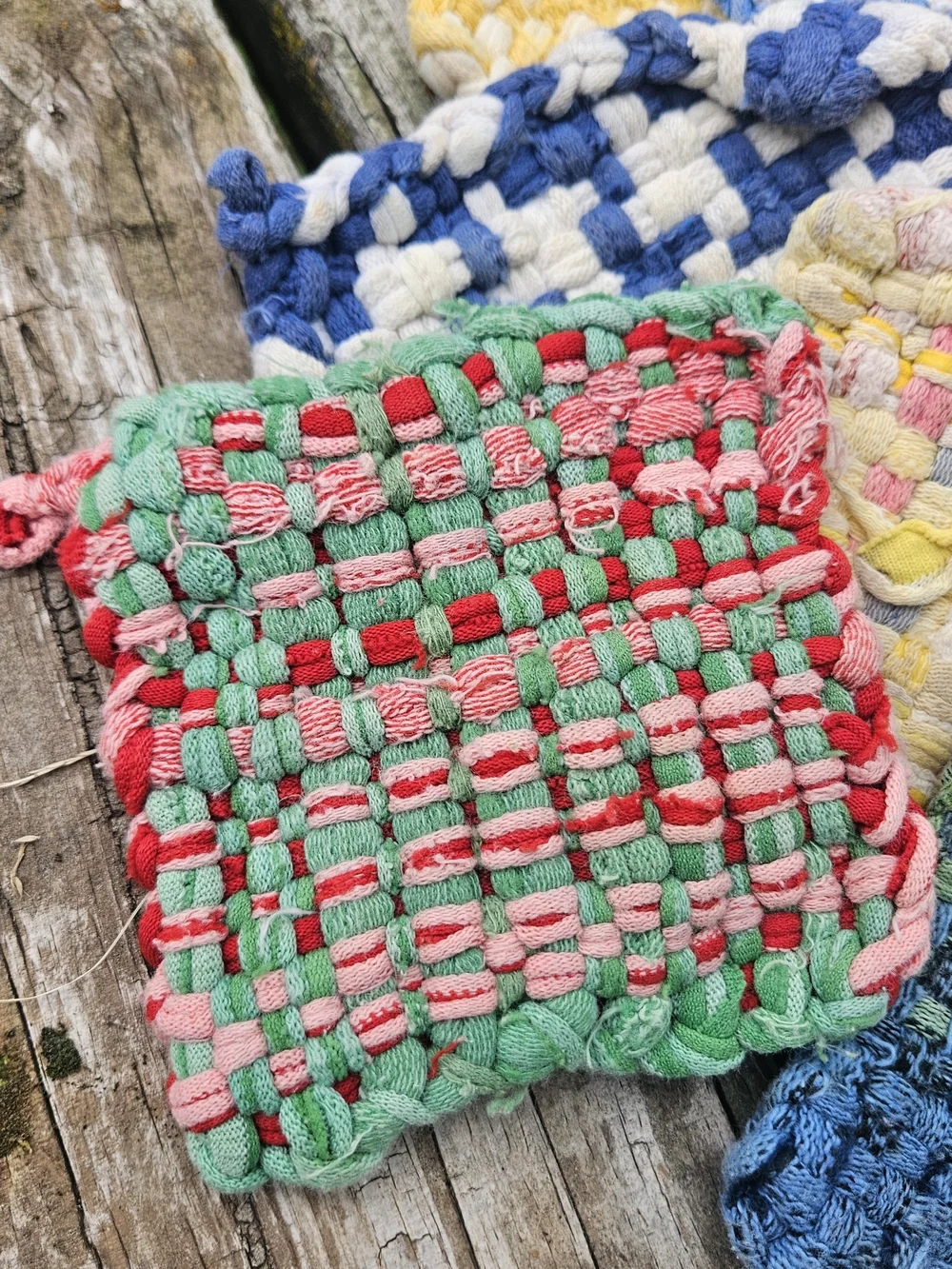 Colorful Handmade Woven Potholders and Hot Pads Made from Cotton Jersey Loops